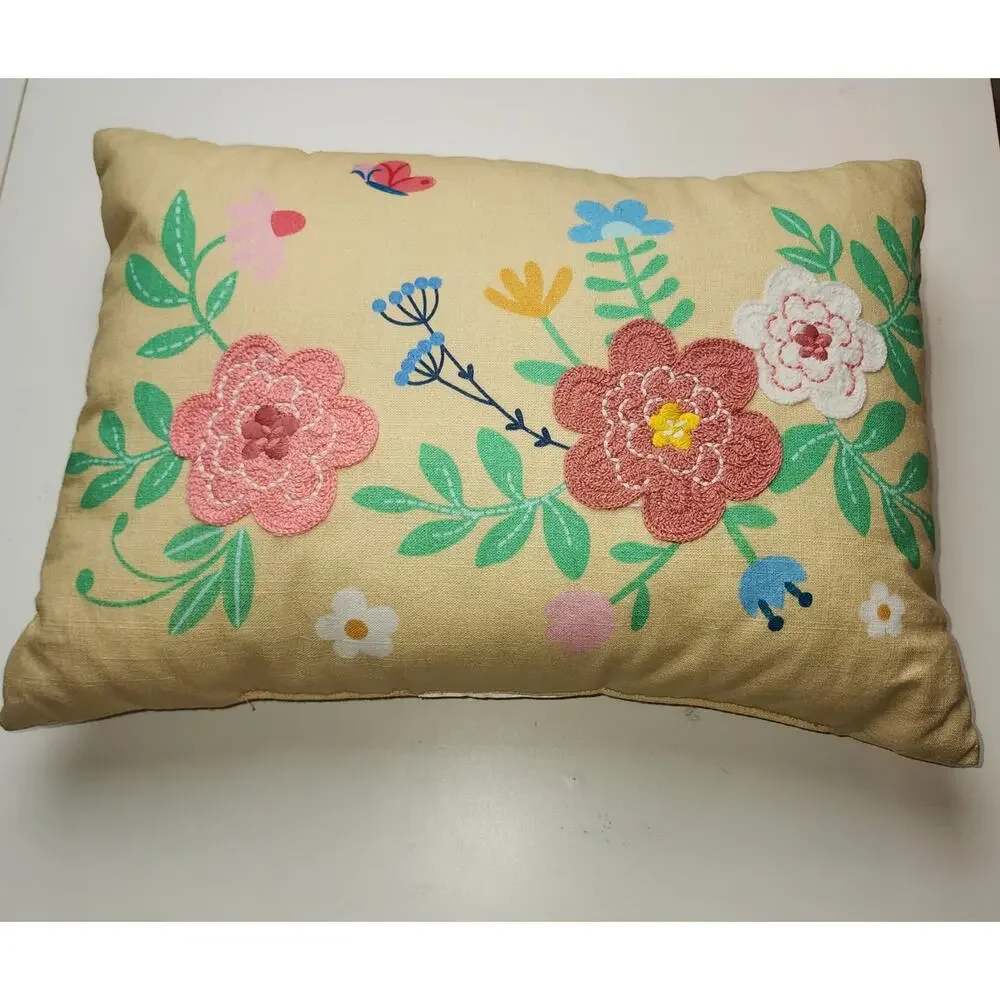 Spritz Lumbar Floral Embroidered and printed Spring Cottage Throw Pillow 18x12